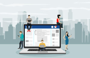 Social network web site surfing on LinkedIn illustration of people using mobile gadgets such as smartphone, tablet pc and laptop part of online community.