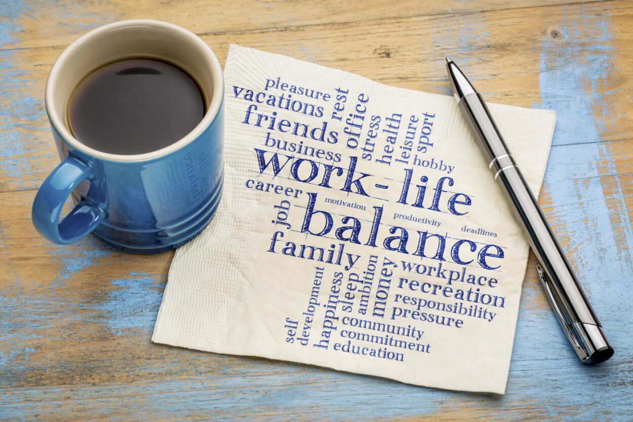 Words demonstrating work-life balance: friends, business, family, vacations.