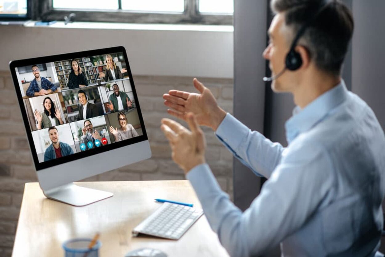 Man in virtual meeting doing remote work from home